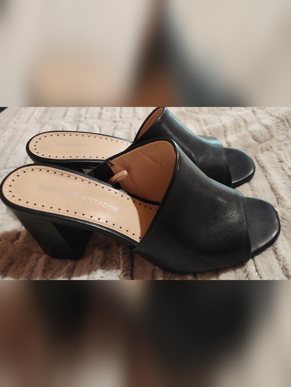 Adrienne Vittadini Black Leather Open-Toe Block Heel Mules